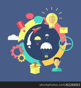 Generation of Ideas Banner Design. Generation of ideas banner design. Process of creation and implementation of ideas projects or startup. Brainstorming discussion and launch of projects on color flat style. Vector illustration