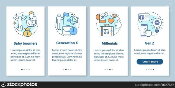 Generation onboarding mobile app page screen with linear concepts. Baby boomers walkthrough steps graphic instructions. Generation X and millennials. UX, UI, GUI vector template with illustrations