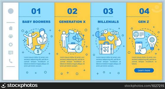 Generation onboarding mobile web pages vector template. Baby boomers. Responsive smartphone website interface idea with linear illustrations. Webpage walkthrough step screens. Color concept