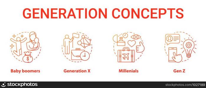 Generation red concept icons set. Age groups idea thin line illustrations. Baby boomers. Classic lifestyle. Generation X. Peer groups. Vector isolated outline drawings. Gen Z and millennials