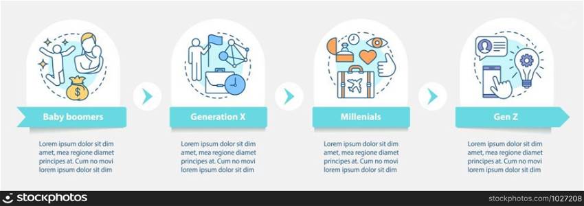 Generation vector infographic template. Baby boomers. Business presentation design elements. Data visualization with four steps and options. Process timeline chart. Workflow layout with linear icons