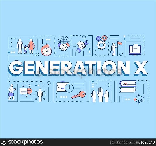 Generation X word concepts banner. Respect for balance between family, work and hobby. Presentation, website. Isolated lettering typography idea with linear icons. Vector outline illustration
