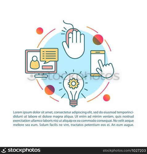 Generation Z article page vector template. Blogging, searching online. Internet media. Brochure, magazine, booklet design element with linear icons. Print design. Concept illustrations with text