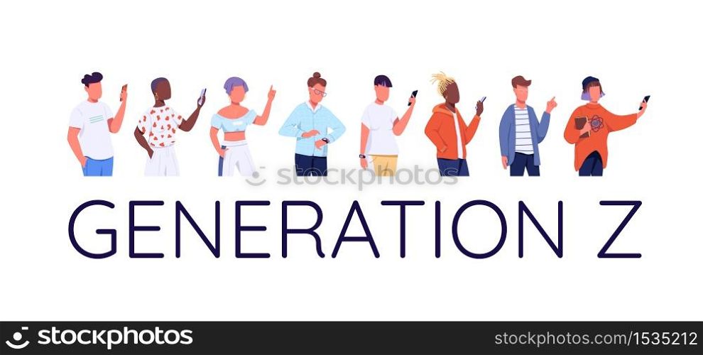 Generation Z flat color vector faceless characters set. Modern technological lifestyle, online communication. Young people with smartphones isolated cartoon illustrations on white background. Generation Z flat color vector faceless characters set