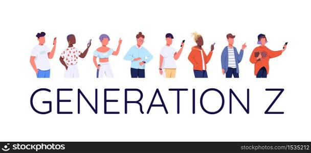 Generation Z flat color vector faceless characters set. Modern technological lifestyle, online communication. Young people with smartphones isolated cartoon illustrations on white background. Generation Z flat color vector faceless characters set