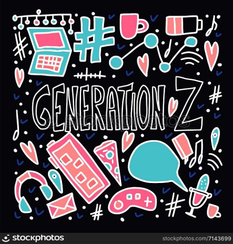 Generation z poster. Dark card with social media and other technology stuff. Text with digital symbols in doodle style. Vector concept illustration.
