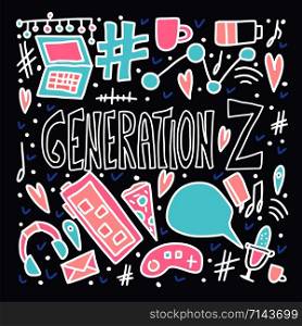 Generation z poster. Dark card with social media and other technology stuff. Text with digital symbols in doodle style. Vector concept illustration.