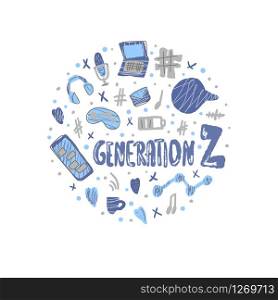 Generation z round badge. Text with digital symbols in flat style. Vector circle concept illustration.