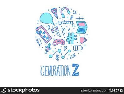 Generation z round composition. Text with digital symbols in doodle style. Vector concept illustration.