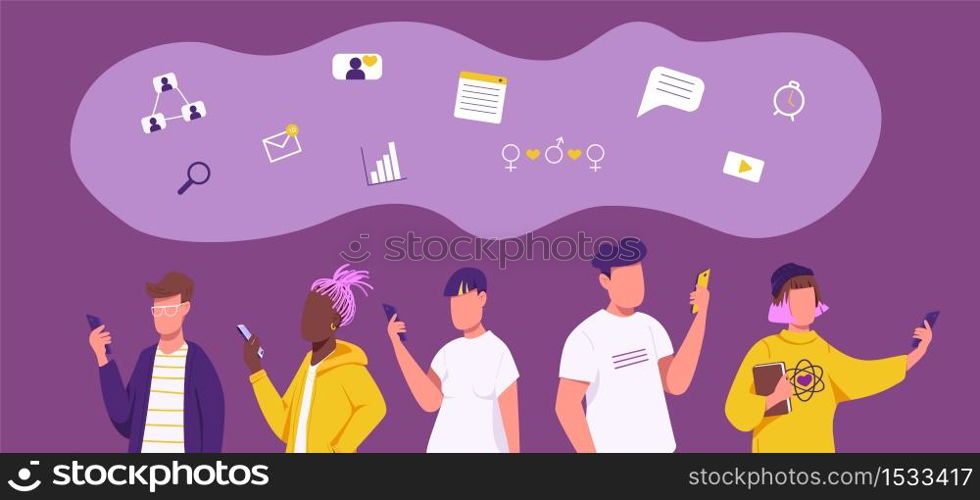 Generation Z social networking flat concept vector illustration. Young people with smartphones 2D cartoon characters for web design. Modern information technologies, online communication creative idea. Generation Z social networking flat concept vector illustration