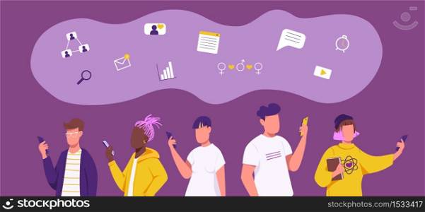 Generation Z social networking flat concept vector illustration. Young people with smartphones 2D cartoon characters for web design. Modern information technologies, online communication creative idea. Generation Z social networking flat concept vector illustration