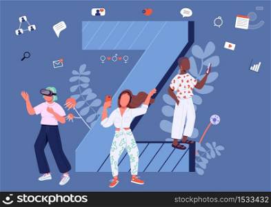 Generation Z traits flat concept vector illustration. Diverse young people with gadgets 2D cartoon characters for web design. VR entertainment, music culture and gender identity creative idea. Generation Z traits flat concept vector illustration