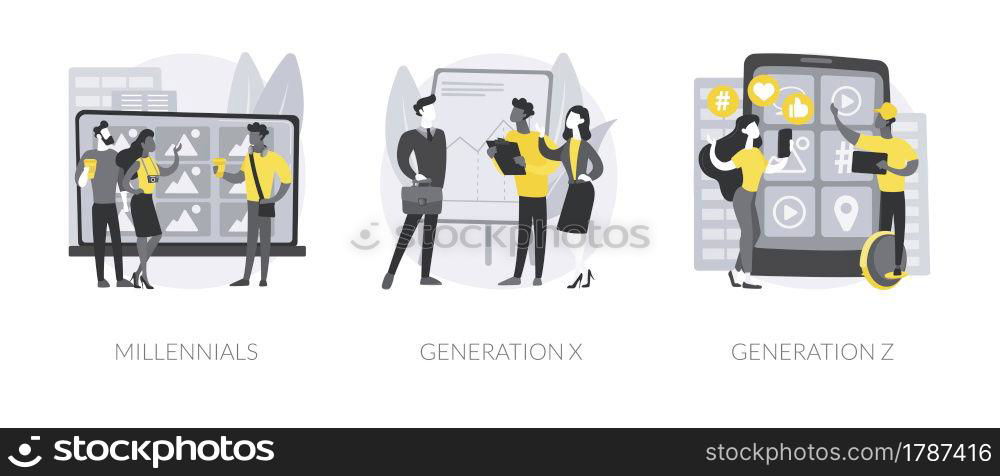 Generational change abstract concept vector illustration set. Millennials, Generation X and Z, digital native, middle age, parents, hyper-connected world, childhood with tablet abstract metaphor.. Generational change abstract concept vector illustrations.