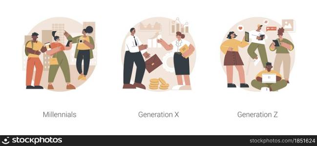 Generational change abstract concept vector illustration set. Millennials, Generation X and Z, digital native, middle age, parents, hyper-connected world, childhood with tablet abstract metaphor.. Generational change abstract concept vector illustrations.