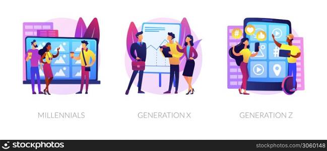 Generational change abstract concept vector illustration set. Millennials, Generation X and Z, digital native, middle age, parents, hyper-connected world, childhood with tablet abstract metaphor.. Generational change abstract concept vector illustrations.