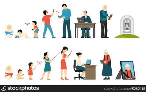 Generations And Gadgets Composition. Generations development people evolution life ages digital gadget set of flat isolated human characters and gadgets vector illustration