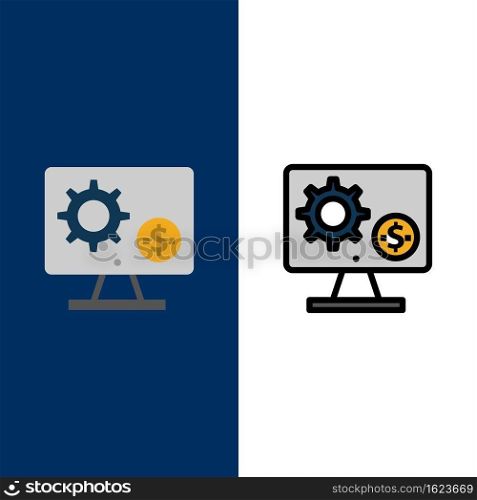 Generator, Monitor, Screen, Setting, Gear, Money  Icons. Flat and Line Filled Icon Set Vector Blue Background