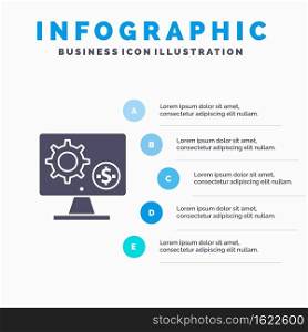 Generator, Monitor, Screen, Setting, Gear, Money Solid Icon Infographics 5 Steps Presentation Background