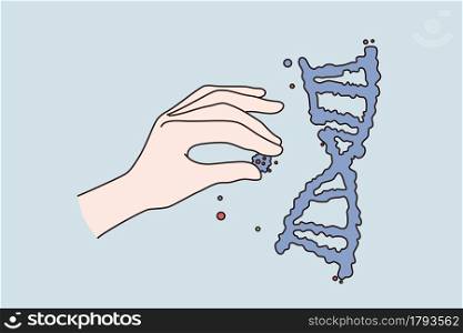 Generic engineering science research concept. Human hand holding putting cells to human dna structure ober blue background vector illustration . Generic engineering science research concept