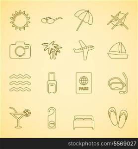 Generic travel iconset for vacation and holidays, contour flat isolated vector illustration