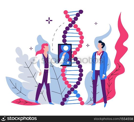 Genetic code examination DNA lab equipment and scientists vector man and woman in robes gene science laboratory and biotechnology development biological material modern technology device research.. DNA genetic code examination lab equipment and scientists
