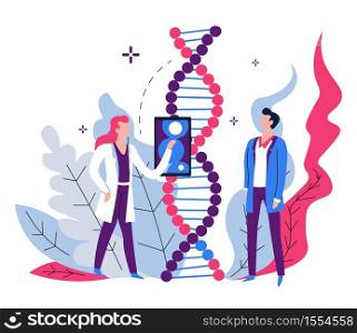 Genetic code examination DNA lab equipment and scientists vector man and woman in robes gene science laboratory and biotechnology development biological material modern technology device research.. DNA genetic code examination lab equipment and scientists