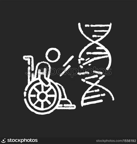 Genetic conditions chalk white icon on black background. Handicapped man with chronic disease. Patient in wheelchair. Paralyzed person. Damaged DNA helix. Isolated vector chalkboard illustration. Genetic conditions chalk white icon on black background