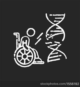 Genetic conditions chalk white icon on black background. Handicapped man with chronic disease. Patient in wheelchair. Paralyzed person. Damaged DNA helix. Isolated vector chalkboard illustration. Genetic conditions chalk white icon on black background