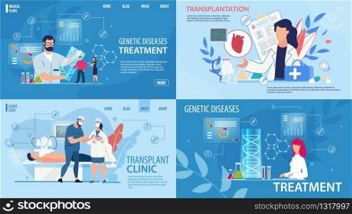 Genetic Disease Determination, Therapy. Transplantation, Life Saving. Flat Landing Page in Trendy Medical Design Set. Treatment and Health Insurance. Laboratory, Clinic. Vector Cartoon Illustration. Genetic Disease Therapy and Transplantation Set
