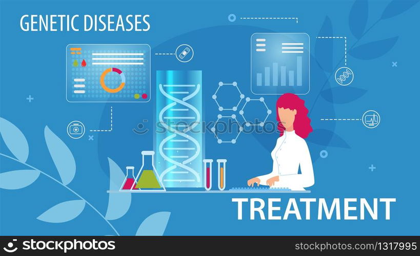 Genetic Disease Treatment Prevention Flat Medical Poster. Cartoon Woman Scientists Doing Lab Research, Typing on Keyboard. Gene Therapy. Determination Predisposition to Disorders. Vector Illustration. Genetic Disease Treatment Flat Medical Poster