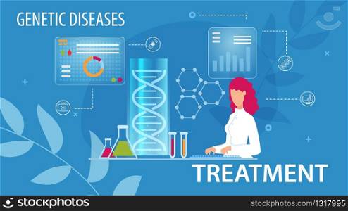 Genetic Disease Treatment Prevention Flat Medical Poster. Cartoon Woman Scientists Doing Lab Research, Typing on Keyboard. Gene Therapy. Determination Predisposition to Disorders. Vector Illustration. Genetic Disease Treatment Flat Medical Poster