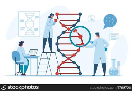Genetic dna research. Scientists researching and analyzing dna molecule in laboratory. Biotechnology, genome engineering vector concept. Molecular testing, clinical lab experiments