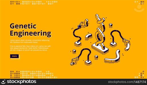 Genetic engineering banner. Scientific research of DNA, genome manipulation and mutation. Vector background with isometric illustration of robotic editing DNA helix. Biotechnology innovations. Vector banner of genetic engineering