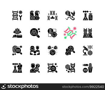Genetic engineering black glyph icons set on white space. Chromosome division. Animal mutation. Medical, industrial biotechnology. Cloning. Silhouette symbols. Vector isolated illustration. Genetic engineering black glyph icons set on white space