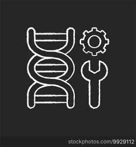 Genetic engineering chalk white icon on black background. DNA structure. Scientific research. Experiment with molecule. Biotechnology. Laboratory experiment. Isolated vector chalkboard illustration. Genetic engineering chalk white icon on black background