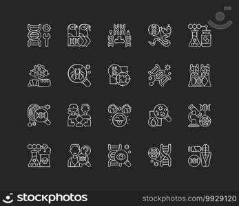 Genetic engineering chalk white icons set on black background. Chromosome division. Animal mutation. Medical, industrial biotechnology. Cloning. Isolated vector chalkboard illustrations. Genetic engineering chalk white icons set on black background