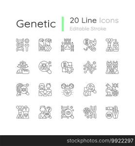 Genetic engineering linear icons set. Chromosome division. Animal mutation. Medical biotechnology. Customizable thin line contour symbols. Isolated vector outline illustrations. Editable stroke. Genetic engineering linear icons set