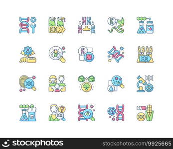 Genetic engineering RGB color icons set. Chromosome division. Animal mutation. Medical, industrial biotechnology. Evolutionary genetics. Model organism. Cloning. Isolated vector illustrations. Genetic engineering RGB color icons set