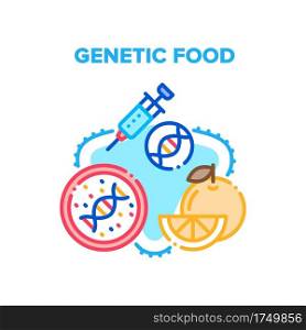 Genetic Food Vector Icon Concept. Molecular Genetic Food And Fruit, Gmo Syringe For Make Agricultural And Garden Food Dangerous For Health. Farm Agricultural Biotechnology Color Illustration. Genetic Food Vector Concept Color Illustration