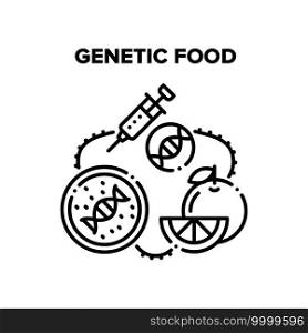 Genetic Food Vector Icon Concept. Molecular Genetic Food And Fruit, Gmo Syringe For Make Agricultural And Garden Food Dangerous For Health. Farm Agricultural Biotechnology Black Illustration. Genetic Food Vector Black Illustrations