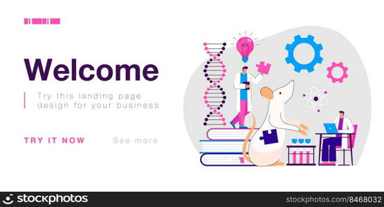 Genetic laboratory research and experiment of tiny scientists. People testing dna modifications, holding puzzle in hands flat vector illustration. Biotechnology, genetically modified animals concept