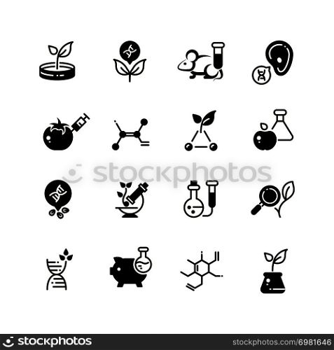 Genetic modification biotechnology and dna research vector micro icons. Gmo research, biotechnology genetic dna illustration. Genetic modification biotechnology and dna research vector micro icons