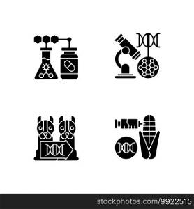 Genetic modification black glyph icons set on white space. Medical biotechnology. DNA microarray. Animal cloning. Genetic engineering. Silhouette symbols. Vector isolated illustration. Genetic modification black glyph icons set on white space