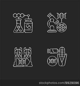 Genetic modification chalk white icons set on black background. DNA microarray. Animal cloning. Genetically modiheredityfied organism. Genetic engineering. Isolated vector chalkboard illustrations. Genetic modification chalk white icons set on black background