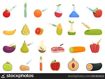 Genetic modification in agriculture icons set cartoon vector. Food modification. Health farm. Genetic modification in agriculture icons set cartoon vector. Food modification