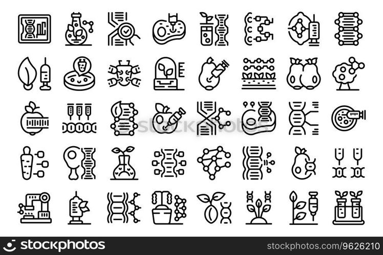 Genetic modification in agriculture icons set outline vector. Food corn. Health farm. Genetic modification in agriculture icons set outline vector. Food corn