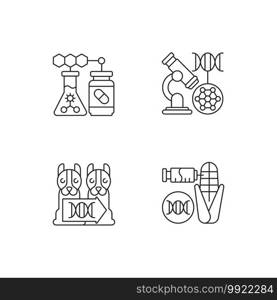 Genetic modification linear icons set. Medical biotechnology. DNA microarray. Animal cloning. Customizable thin line contour symbols. Isolated vector outline illustrations. Editable stroke. Genetic modification linear icons set