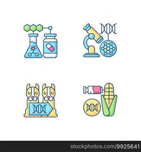 Genetic modification RGB color icons set. Medical biotechnology. DNA microarray. Animal cloning. Genetically modiheredityfied organism. Genetic engineering. Isolated vector illustrations. Genetic modification RGB color icons set