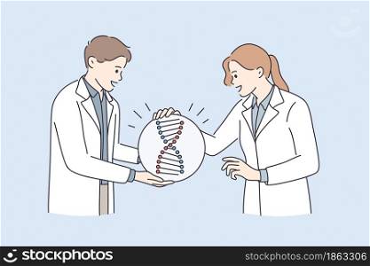 Genetic research and dna tests concept. Young man and woman doctors scientists standing around huge dna molecule talking discussing scientific experiment vector illustration . Genetic research and dna tests concept.