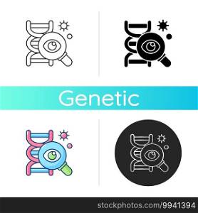Genetic research icon. Scientific study. DNA data analysis. Learn genome formula. Clinical laboratory experiment. Genetic engineering. Linear black and RGB color styles. Isolated vector illustrations. Genetic research icon